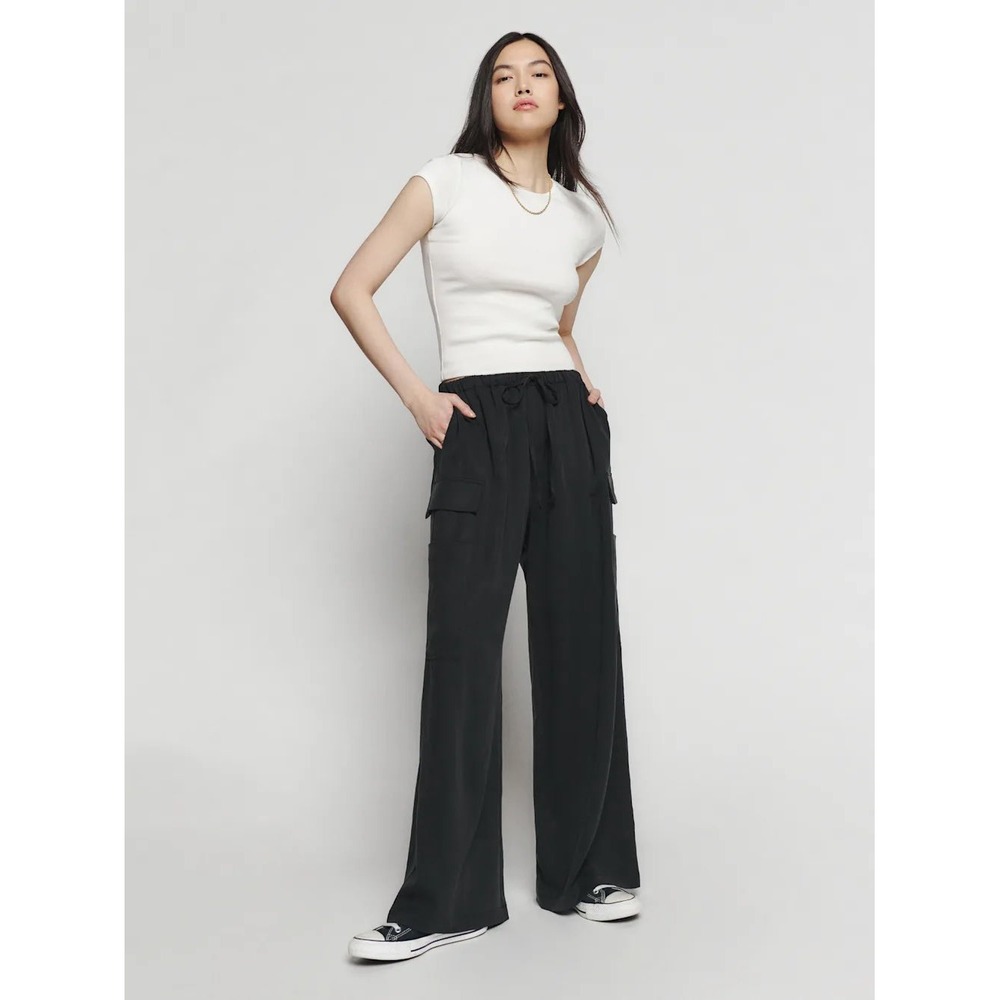 Reformation Ethan Twill Pants Black Wide Leg Cargo Drawstring Tencel Small - Picture 3 of 8
